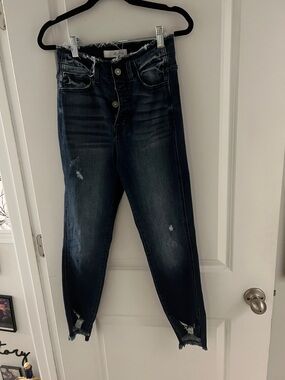 KanCan Dark Indigo High-Rise Cropped Jeans with Distressed Hem